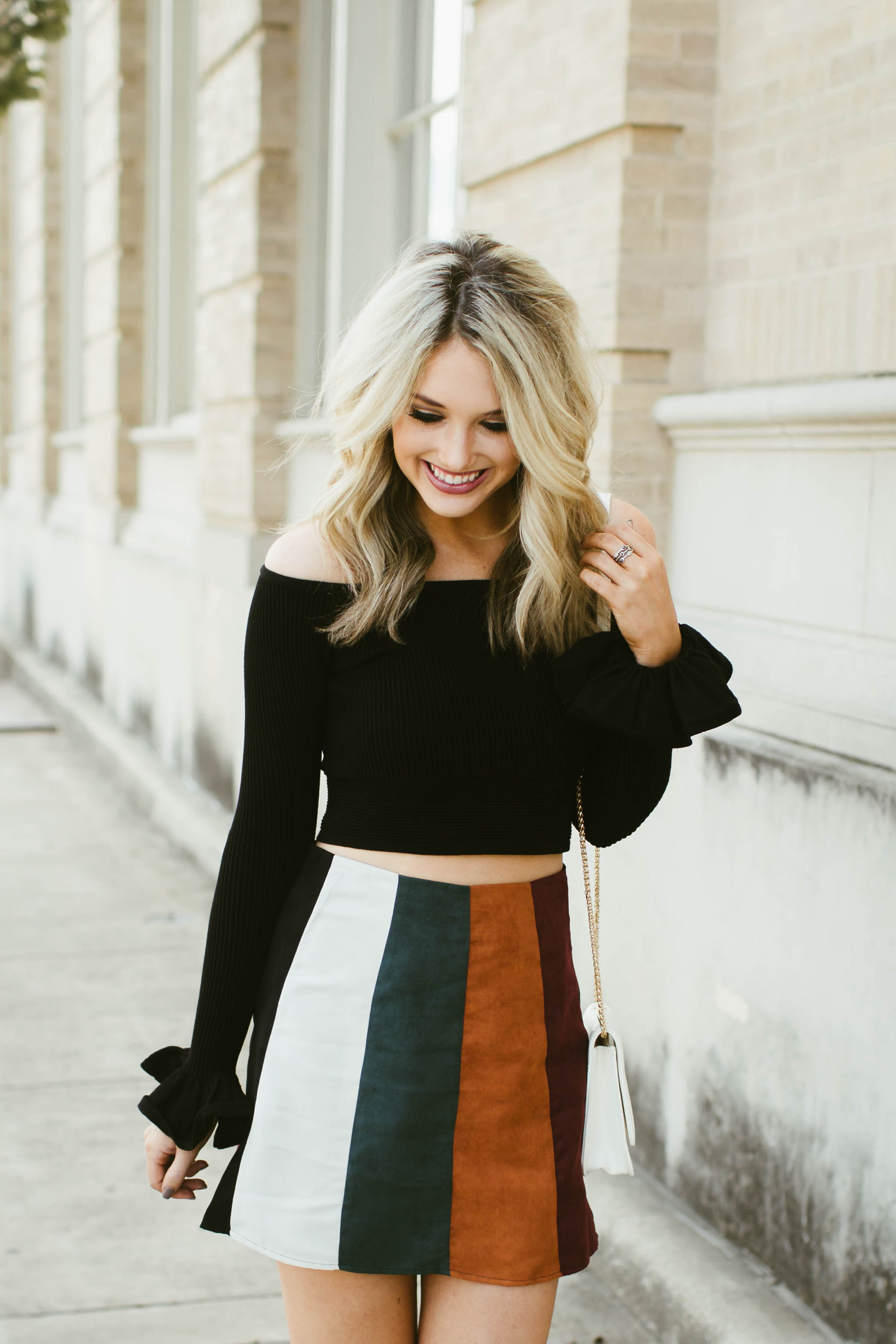 Cropped Sweater and Striped Suede Skirt – Champagne & Chanel