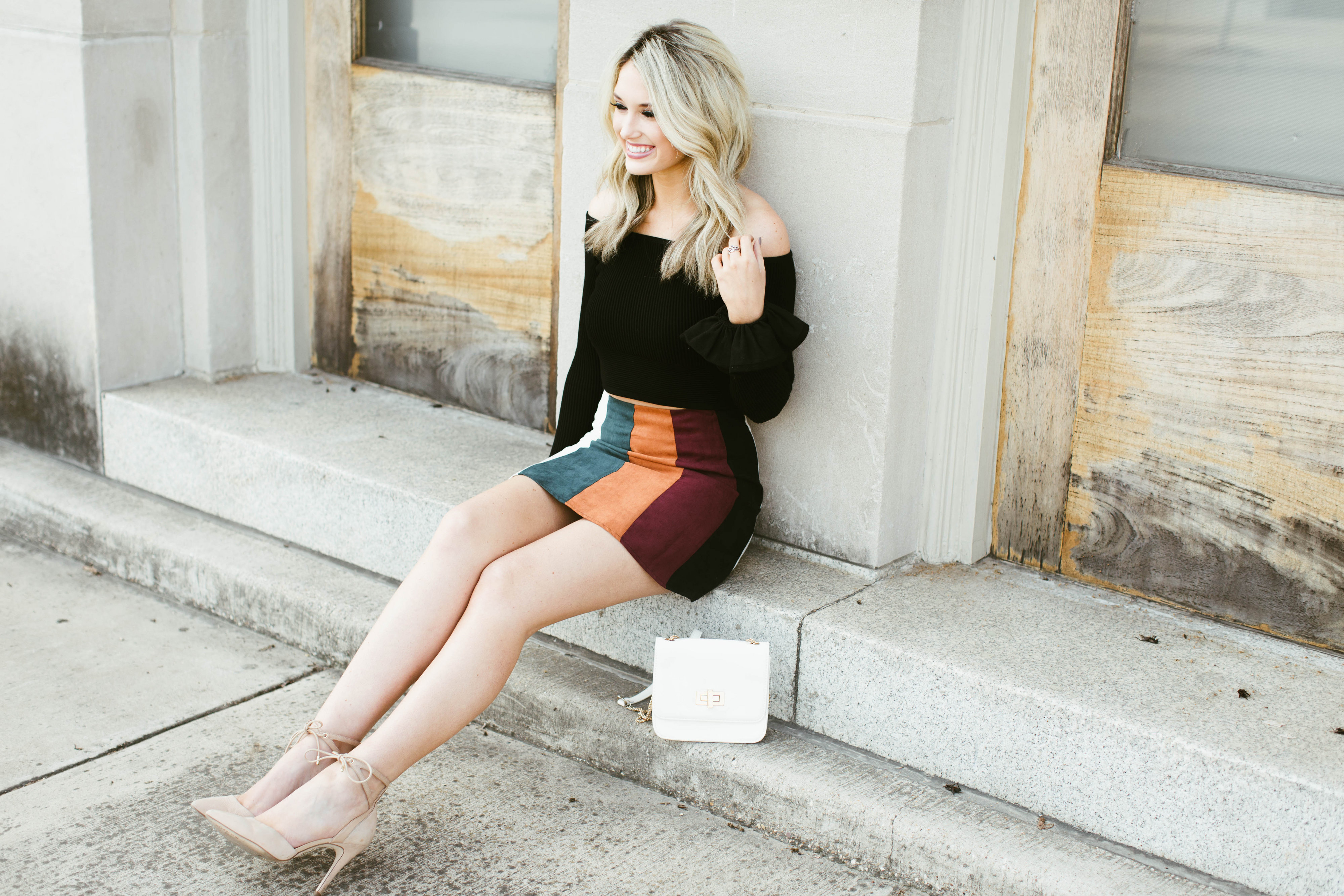 Cropped Sweater and Striped Suede Skirt – Champagne & Chanel