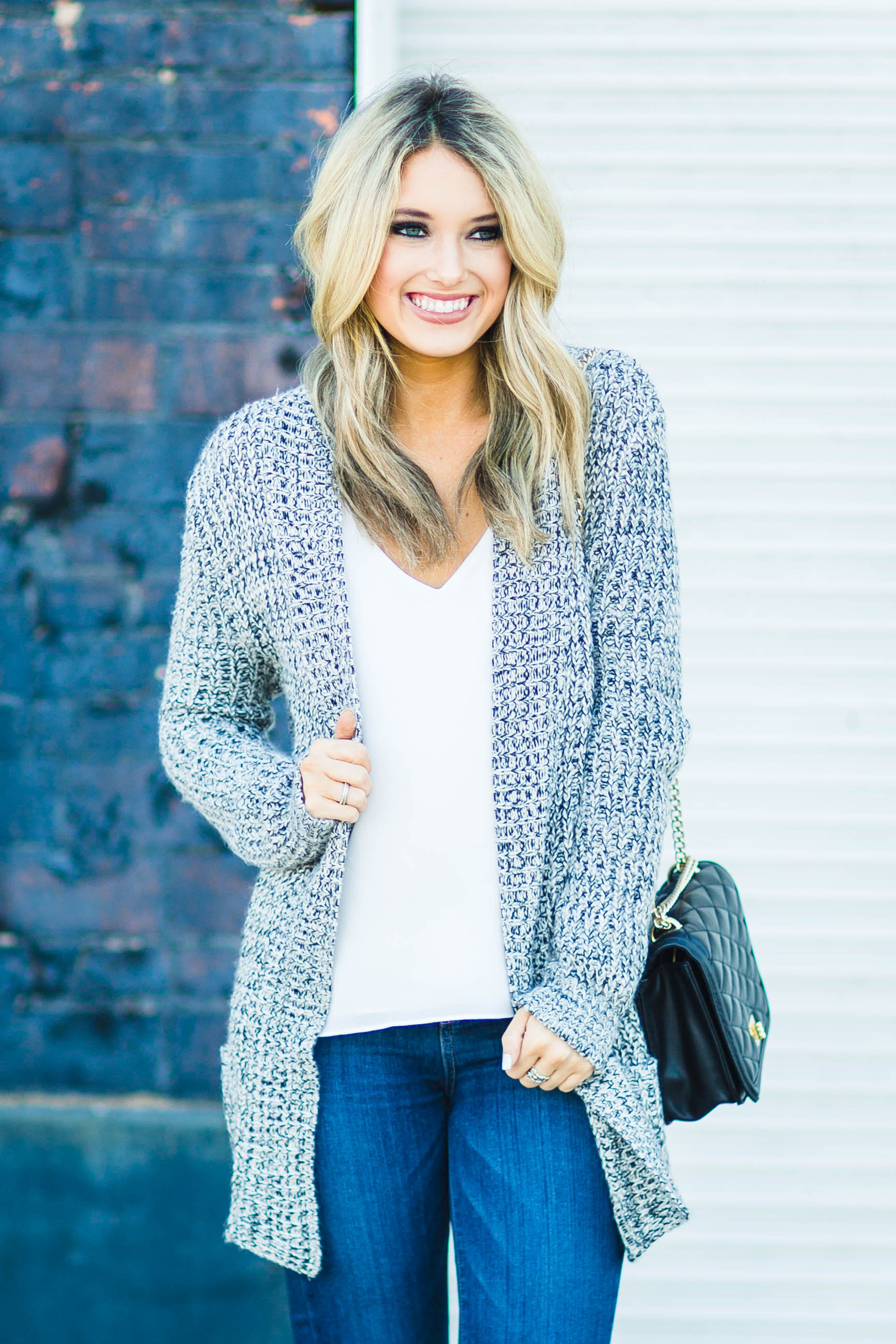 White Tank and Grey Cardigan – Champagne & Chanel