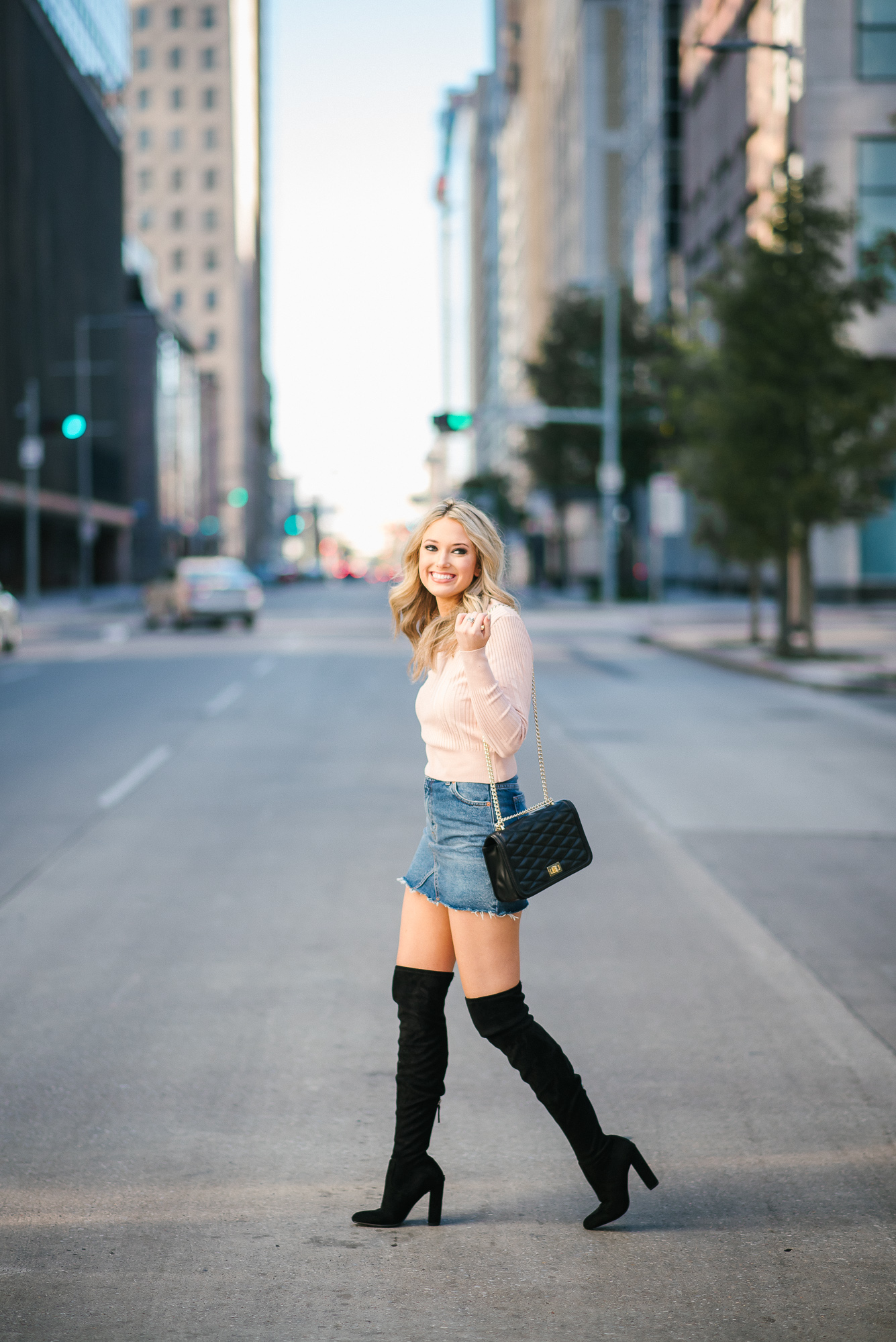 denim mini skirt and boots