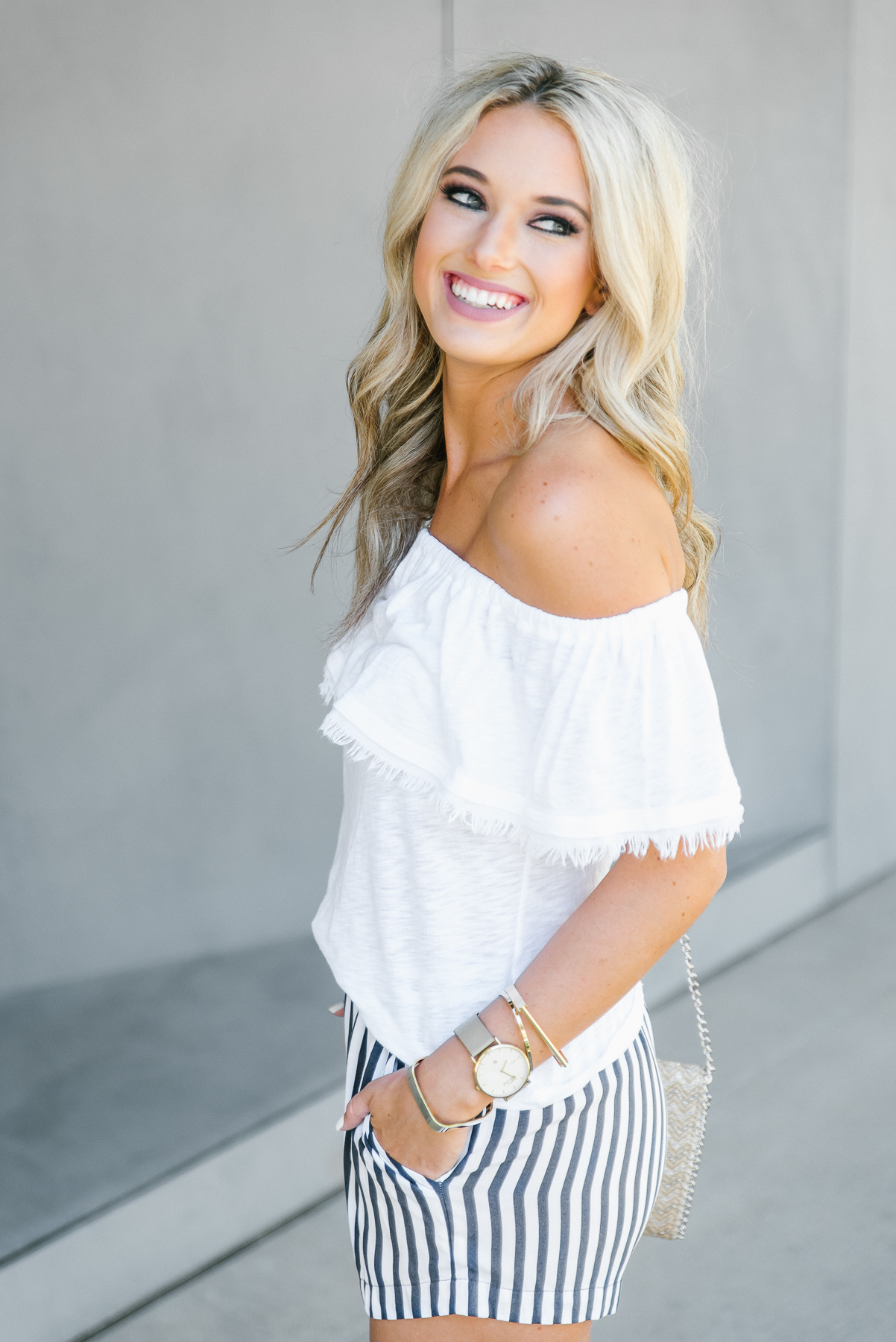 white off the shoulder navy and white striped shorts