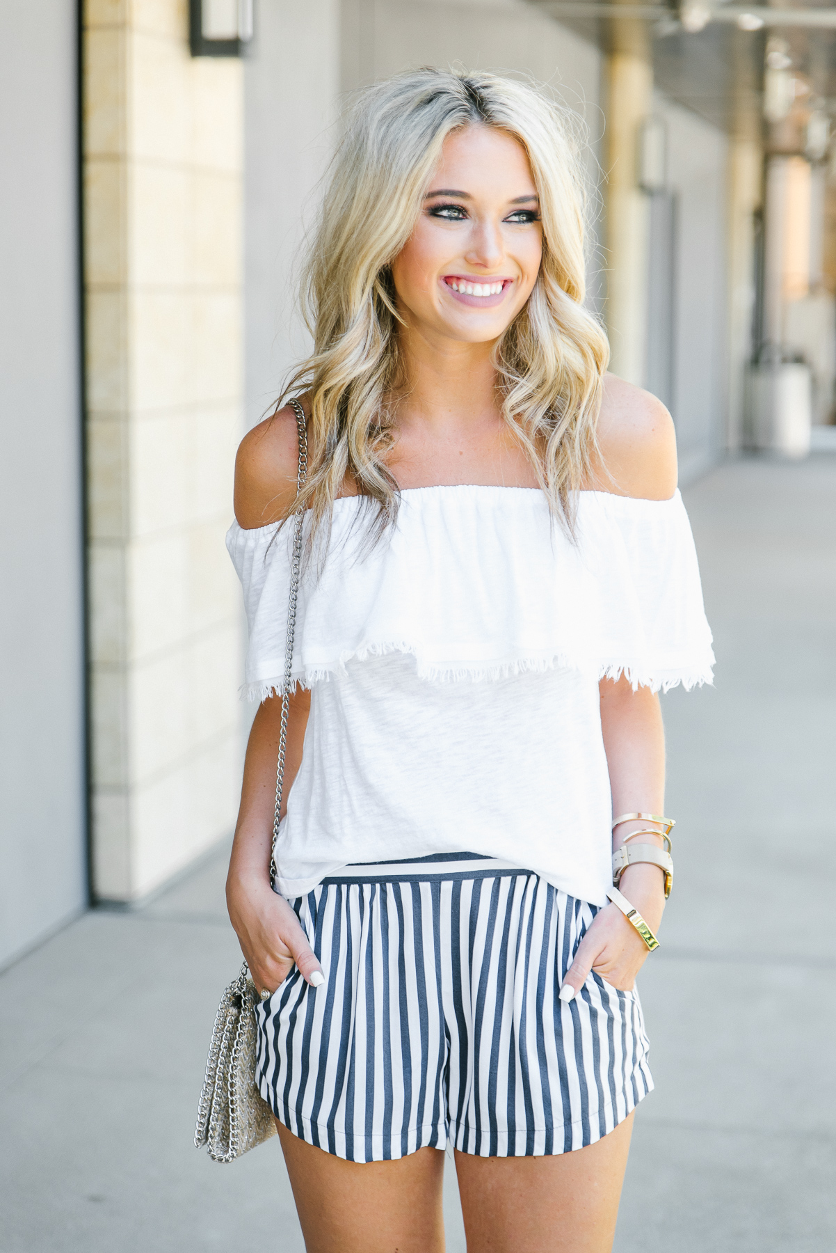 White Off-the-Shoulder Top + Navy & White Shorts – Champagne & Chanel