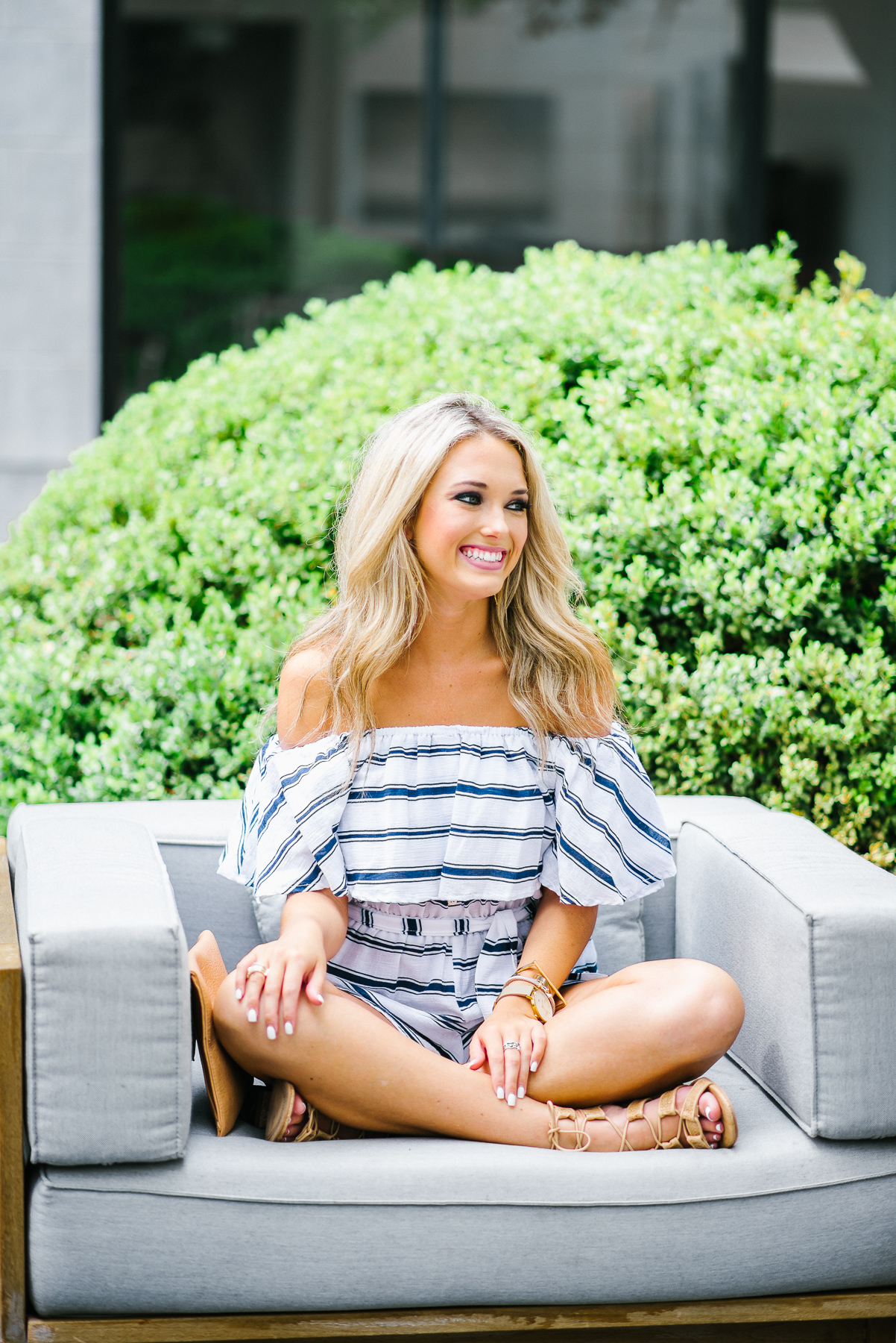 navy and white striped romper
