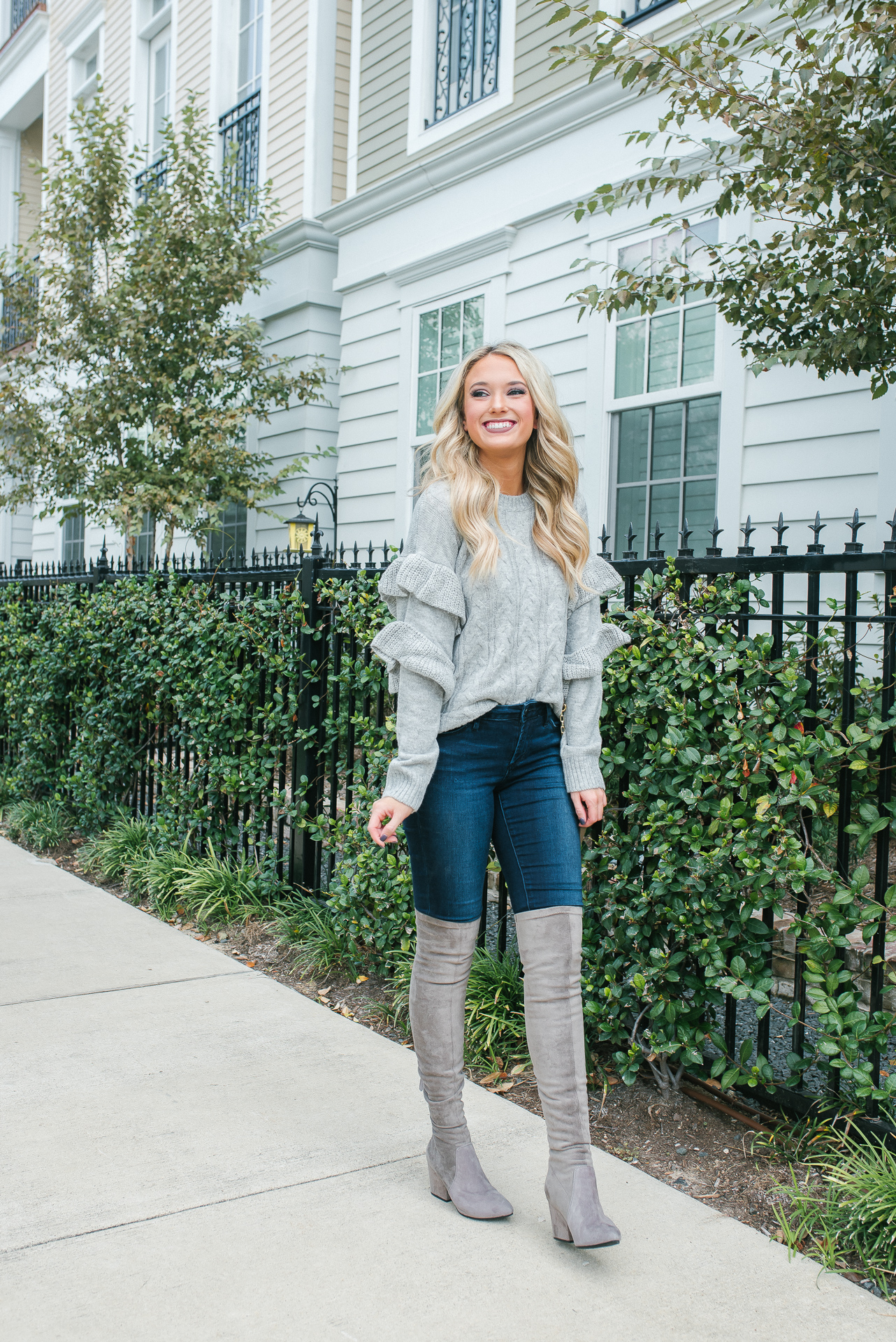 Grey Ruffle Sweater & OTK Boots – Champagne & Chanel