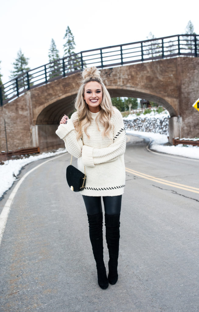 White Sweater and Black OTK Boots – Champagne & Chanel
