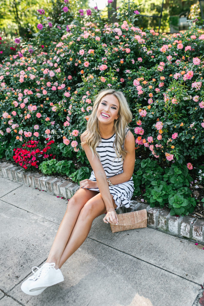 stripe dress and sneakers